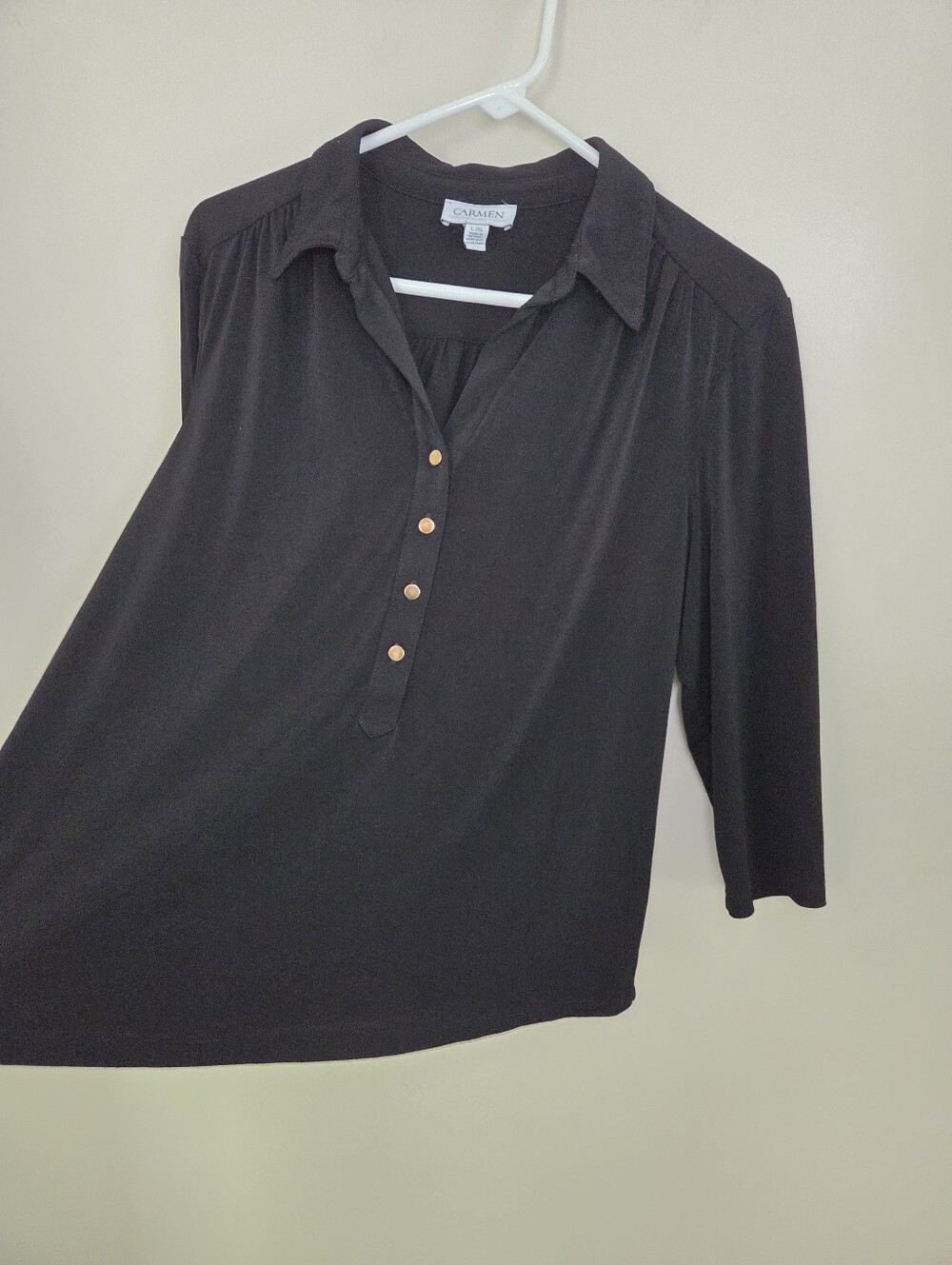 Women's Carmen Marc Valvo Black 3/4 Sleeve Partial Button Front Top Sz Large - Picture 4 of 7